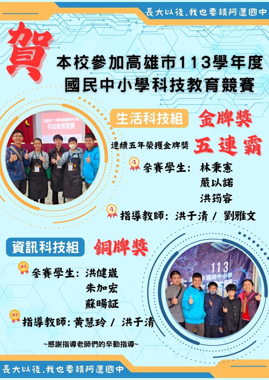 113學年度高雄市國民中小學科技教育競賽生活科技組金牌獎，資訊科技組銅牌獎